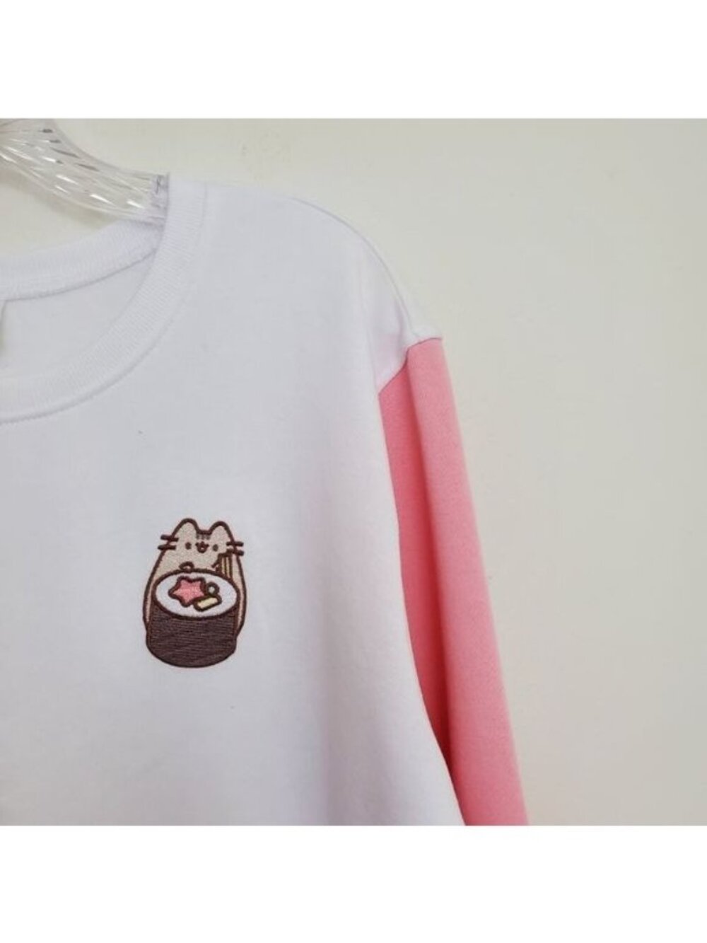 Pusheen sushi cat colorblock crew neck pink and white sweatshirt - Picture 2 of 11